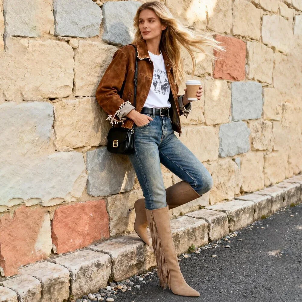 Women Suede Camel Knee High Boots Kitten Heels Tall Pointed Toe Long Boots